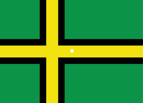 A green, black, and yellow flag with a small white fixation dot in the center of the image.