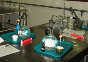 The apparatus to measure titratable acidity is set up. An acidimeter has a burette attached and a bulb is used to fill the burette. Milk is inside of a cup and a dropper bottle of indicator is positioned next to the cup.