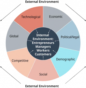 This figure displays the different factors influencing the external environment. The factors listed in the diagram are technological, economic, political/legal, demographic, social, competitive, and global.