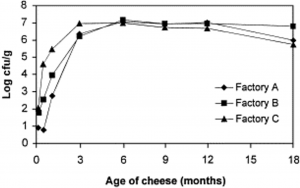 Graph showing the growth of NSLAB in New Zealand Cheddar cheese manufactured at three different factories over 18 moths. NSLAB concentrations increase from 0 to 3 months, and then reach a plateau