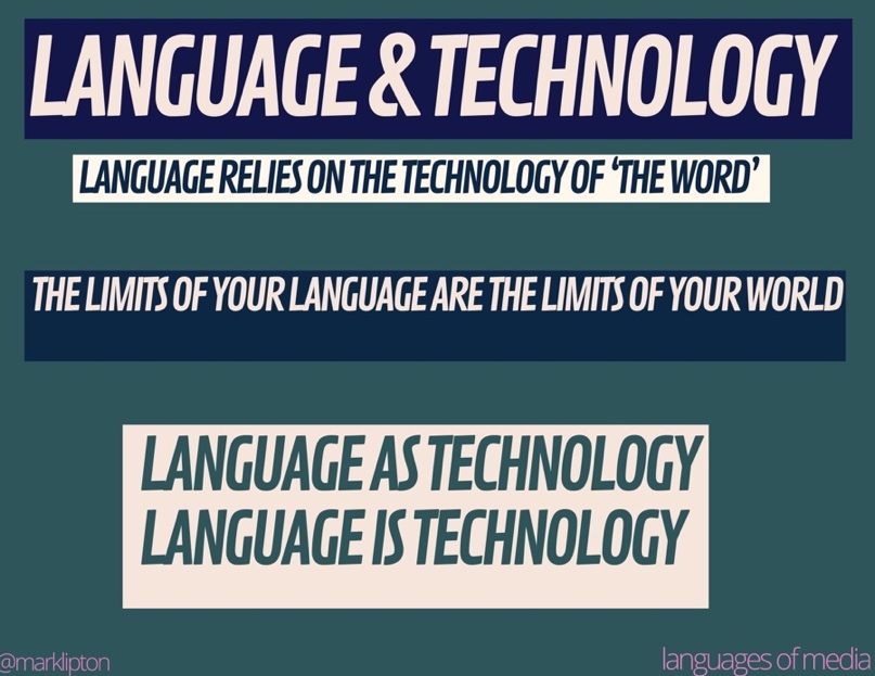 image: Language and Technology Language relies on the technology of ‘the word’. The Limits of your Language are the limits of your world. Language as technology Language is technology