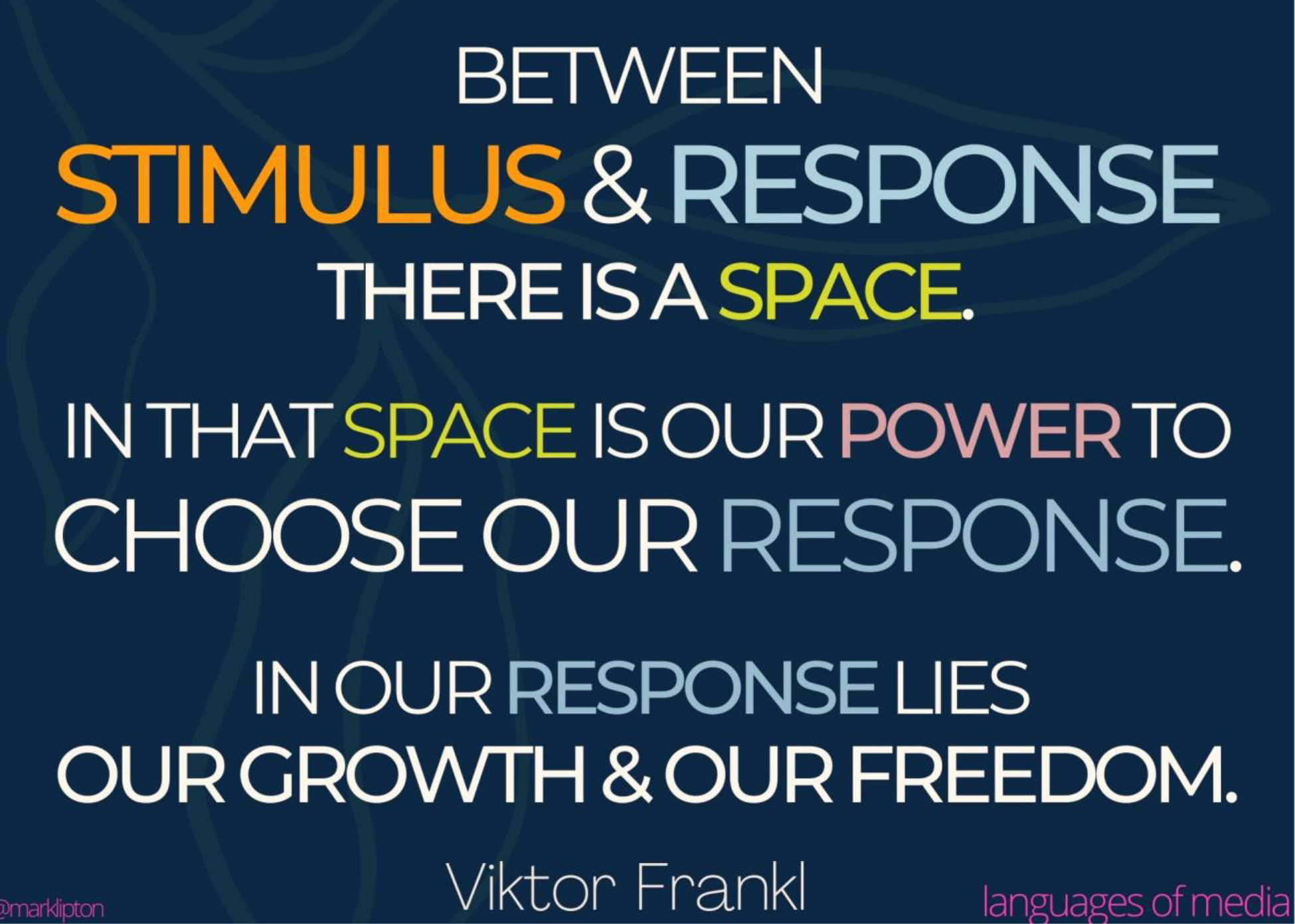 inage: Between stimulus & response there is a space. In that space is our power to choose our response. In our response lies our growth & our freedom. Viktor Frank