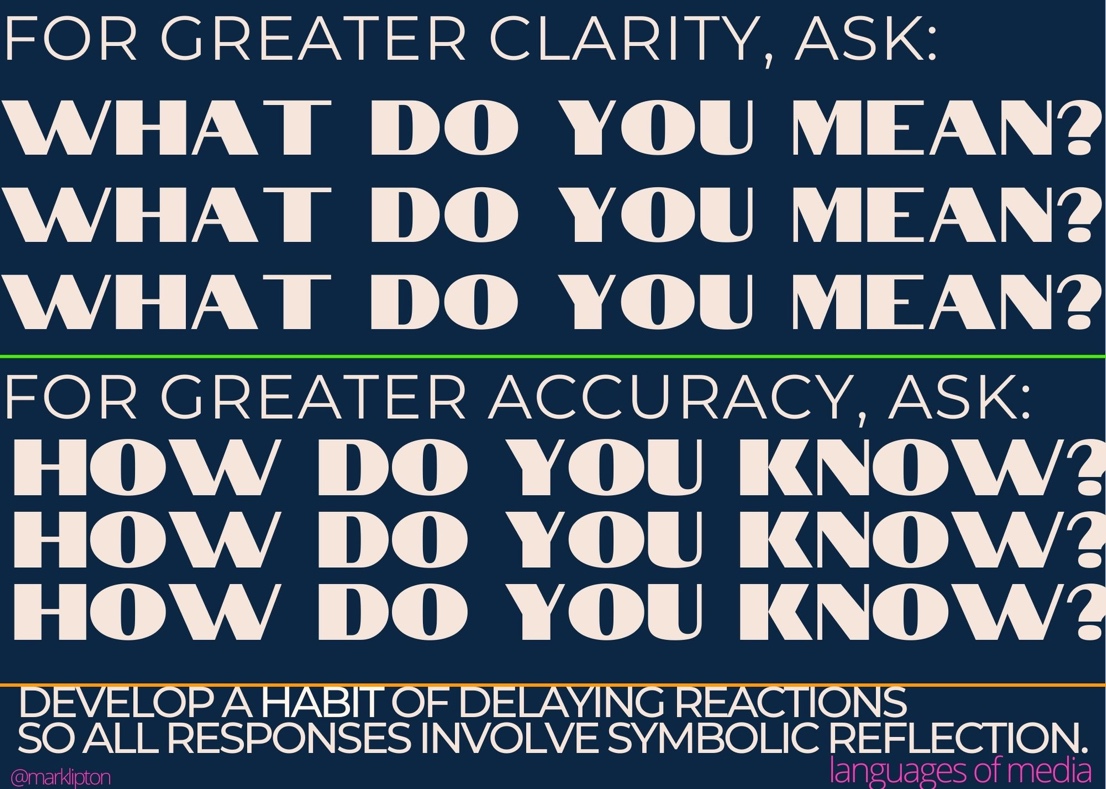 image: For greater clarity, ask: What do you mean? What do you mean? What do you mean? for greater accuracy, ask: How do you know? How do you know? How do you know? Develop a habit of delaying reactions so all responses involve symbolic reflection.