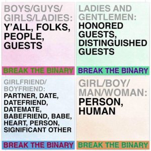 image: BREAK THE BINARY: Boys/Guys/Girls/Ladies: Y'all, Folks, People, Guests; Ladies and Gentlemen: Honoured Guests, Distinguished Guests; Girlfriend/Boyfriend: \Partner, Date, Datefriend, Dataemate, babefriend, babe, heart, person, significant other; Girl/Boy/Man/Woman: Person, Human. Break the binary.