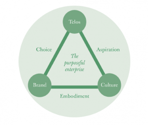 Fig. x The pillars of a purposeful enterprise (Houston & Pinches, 2017, p. 58); Three inter-related elements linked in a triangular framework; telos linked to culture via aspiration, culture linked to brand via embodiment, brand linked to telos via choice.