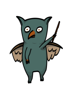 A cartoon image of a grey Gryphon. It is holding a pointer stick and pointing to something to its right.