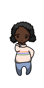 A cartoon of a Black woman. She is wearing a beige sweater with a red, blue, and green stripe on it. She looks like she wants answers to questions.