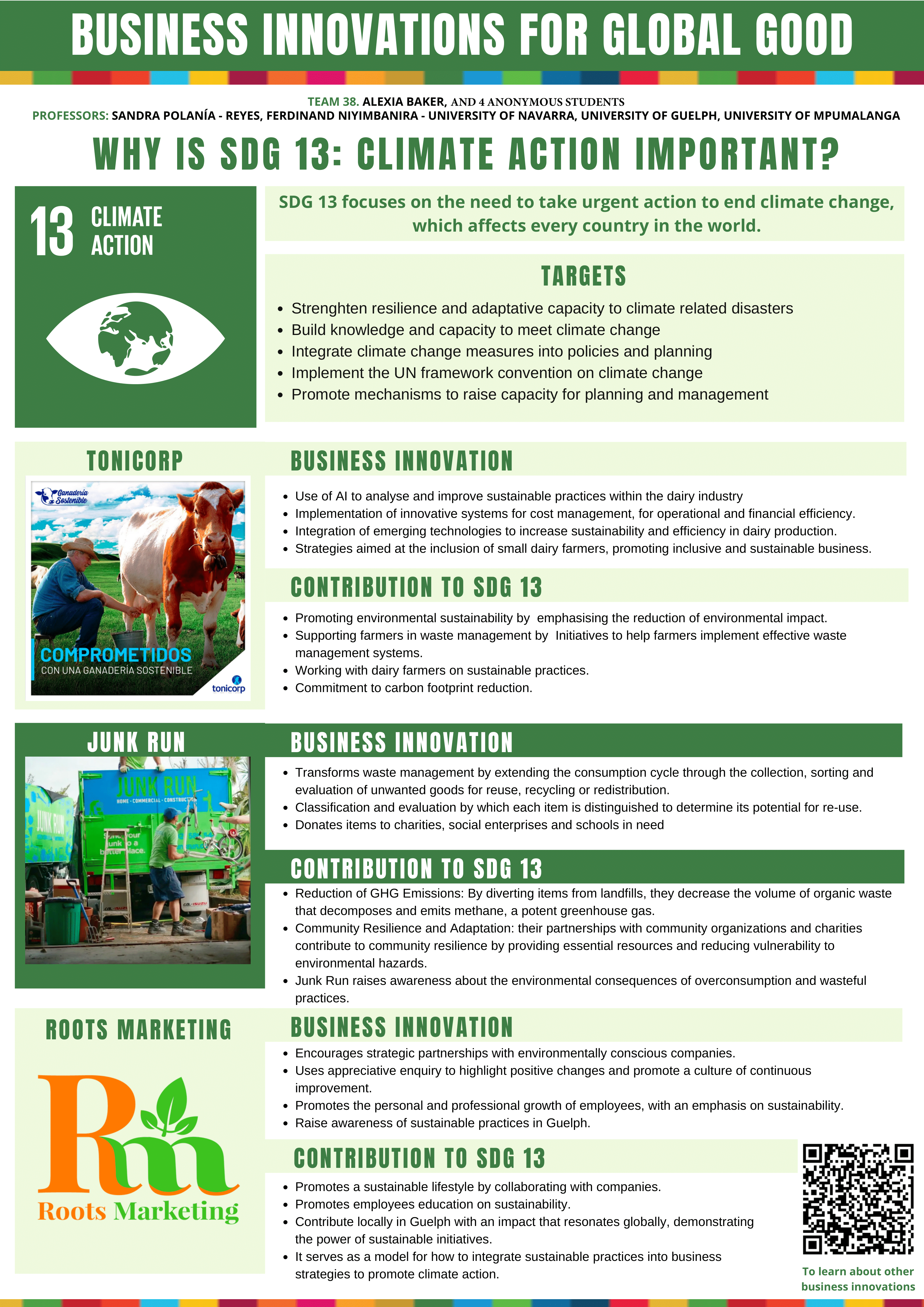 This is a poster linking business innovations to SDG 13