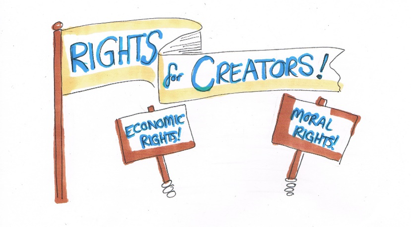 Banner that says "Rights of creators!" with two placards underneath that say "economic rights!" and "moral rights!"