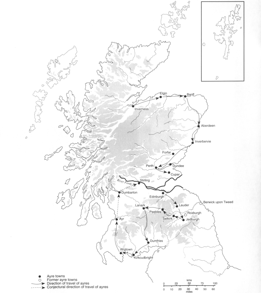 A map depicting the locations where justice ayres were held in fifteenth-century Scotland. These locations included Inverness, Elgin, Banff, Aberdeen, Inverbervie, Forfar, Perth, Cupar, Edinburgh, Lauder, Roxburgh, Jedburgh, Selkirk, Peebles, Lanark, Dumfries, Kirkcudbright, Wigtown, Ayr, Dumbarton, and Stirling.