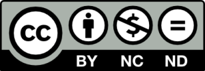 Graphic representation of the creative-commons license governing the fair usage of this collection of essays. The License is represented by a grey rectangle containing four white circles with black borders. The leftmost circle contains the letters "CC", representing the "creative commons" part of the license. The next circle to the right contains the black, abstract figure of a man. Beneath this circle are the letters "B-Y", representing the part of the license that requires credit be given to this volume's creators when any part of it is reproduced. The next circle to the right contains the a black "dollar-sign" symbol with a black line bisecting the symbol diagonally from top left to bottom right. Beneath this symbol are the letters "N-C", representing the "Non-Commericial" part of the license, which means that this work can only be used for noncommercial purposes. The final, rightmost circle contains two black parallel lines representing an "equal" symbol. Beneath this circle are the letters "N-D", which stand for "NoDerivs", meaning that this work cannot be adapted, remixed, transformed, translated, or updated in any way that makes a derivative. At the bottom of the grey box is a black rectangle underlying the "B-Y", "N-C", and "N-D" letters.