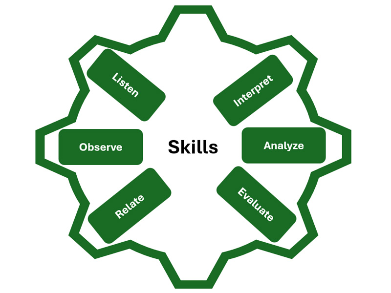 Outline of a gear labelled Skills, containing the words interpret, analyze, evaluate, relate, observe, and listen.