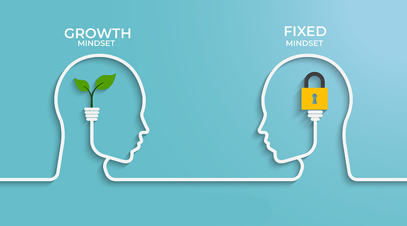 An illustration depicting the differences between a growth mindset and a fixed mindset. The left side of the illustration shows a silhouette of a head with a lightbulb and a growing plant inside, representing the growth mindset. The right side shows a silhouette of a head with a padlock inside, representing a fixed mindset.